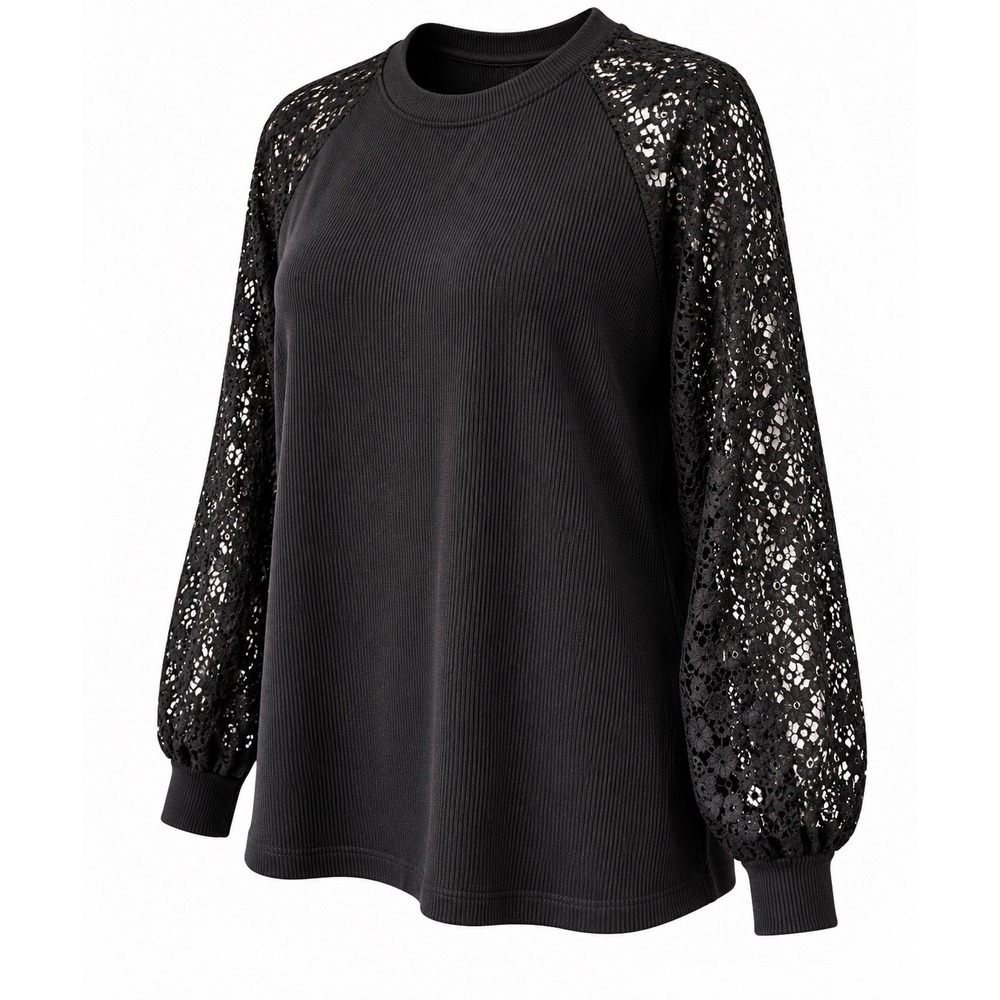 MIHOLL Lace Sleeve Top Women 2X Black Waffle Knit Raglan Blouse Coquette Grunge